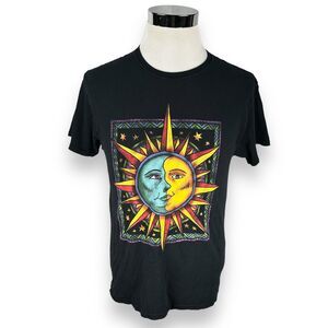 Mad Engine Celestial Sun Moon T-Shirt Men Medium Black Graphic Tee Crew Neck